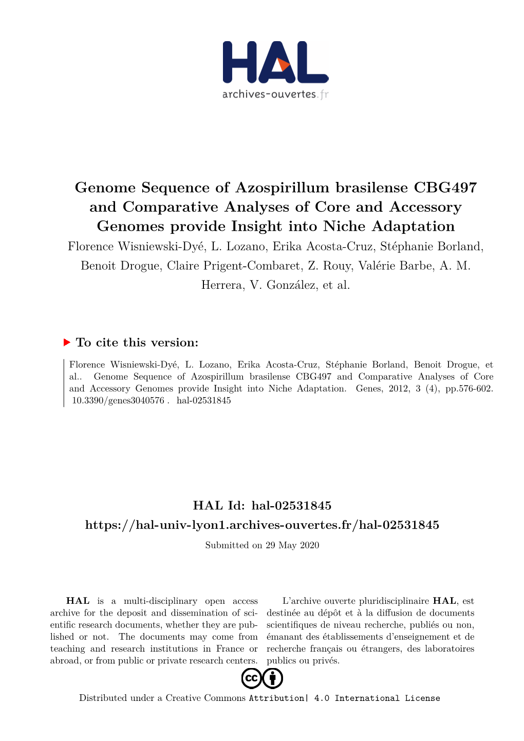 Genome Sequence of Azospirillum Brasilense CBG497 and Comparative Analyses of Core and Accessory Genomes Provide Insight Into Ni