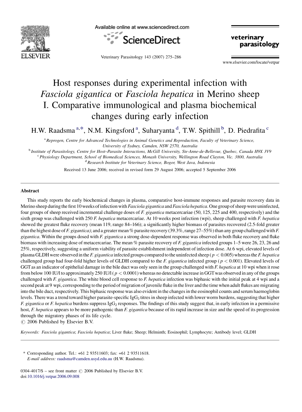 Host Responses During Experimental Infection with Fasciola Gigantica Or Fasciola Hepatica in Merino Sheep I. Comparative Immunol