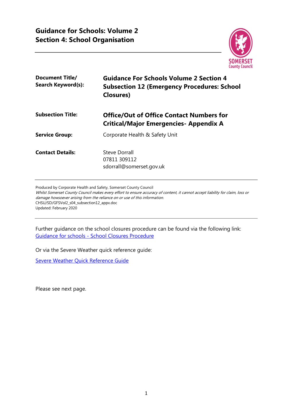 Guidance for Schools Emergency Contact