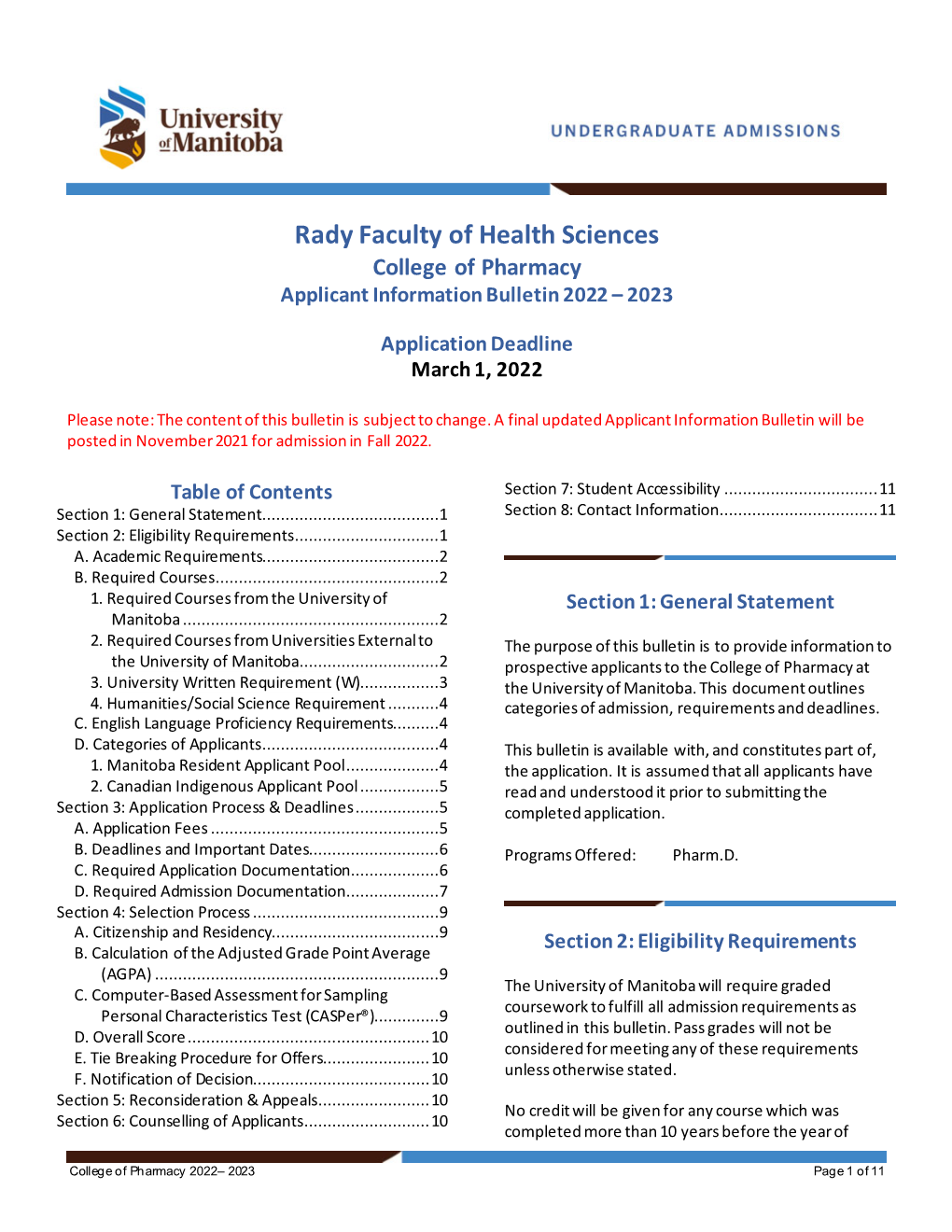 Rady Faculty of Health Sciences College of Pharmacy Applicant Information Bulletin 2022 – 2023