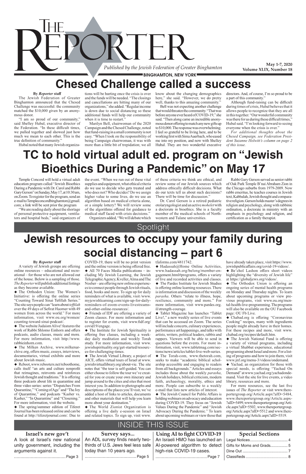 Chesed Challenge Called a Success TC to Hold Virtual Adult Ed. Program on “Jewish Bioethics During a Pandemic” on May 17
