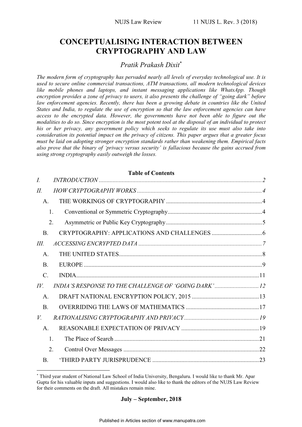 CONCEPTUALISING INTERACTION BETWEEN CRYPTOGRAPHY and LAW Pratik Prakash Dixit*