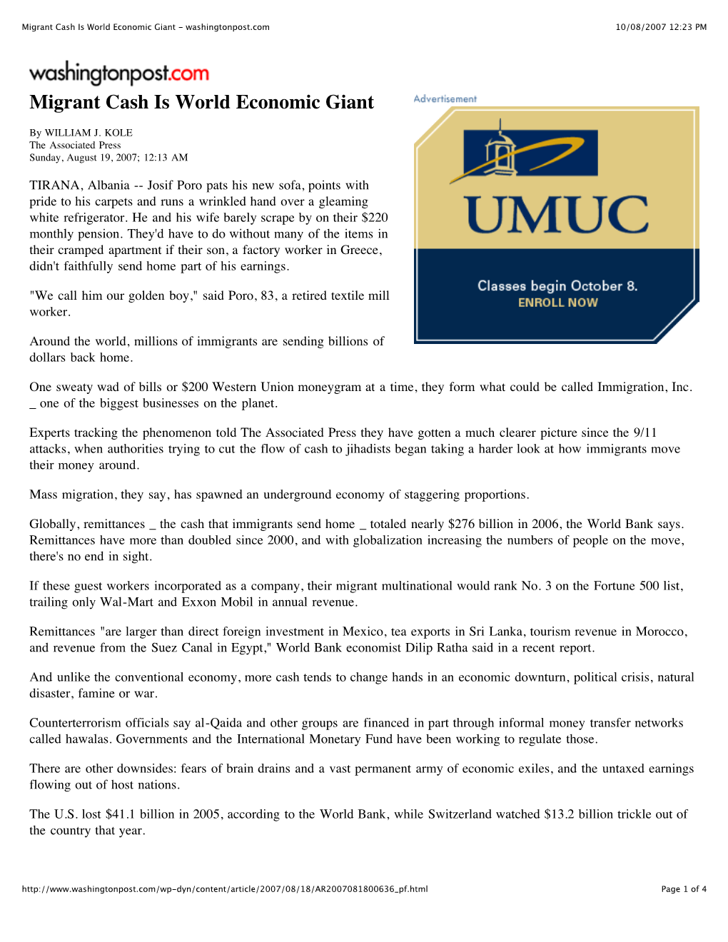 Migrant Cash Is World Economic Giant - Washingtonpost.Com 10/08/2007 12:23 PM