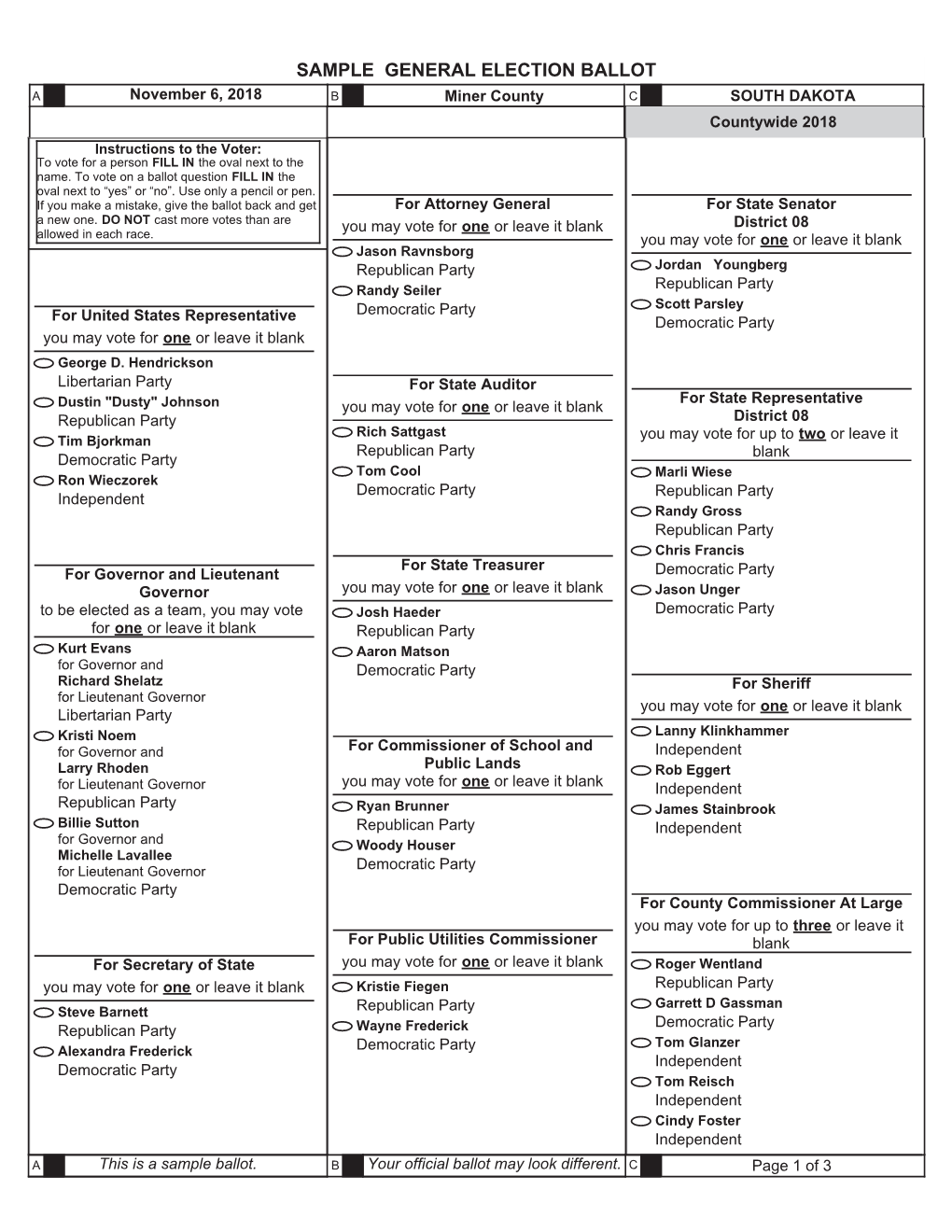 Sample General Election Ballot