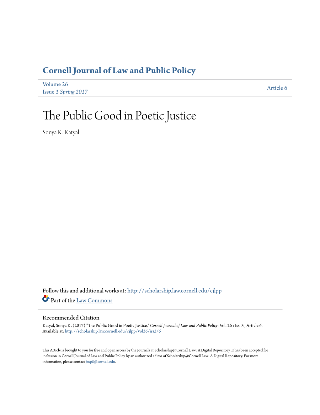 The Public Good in Poetic Justice Sonya K