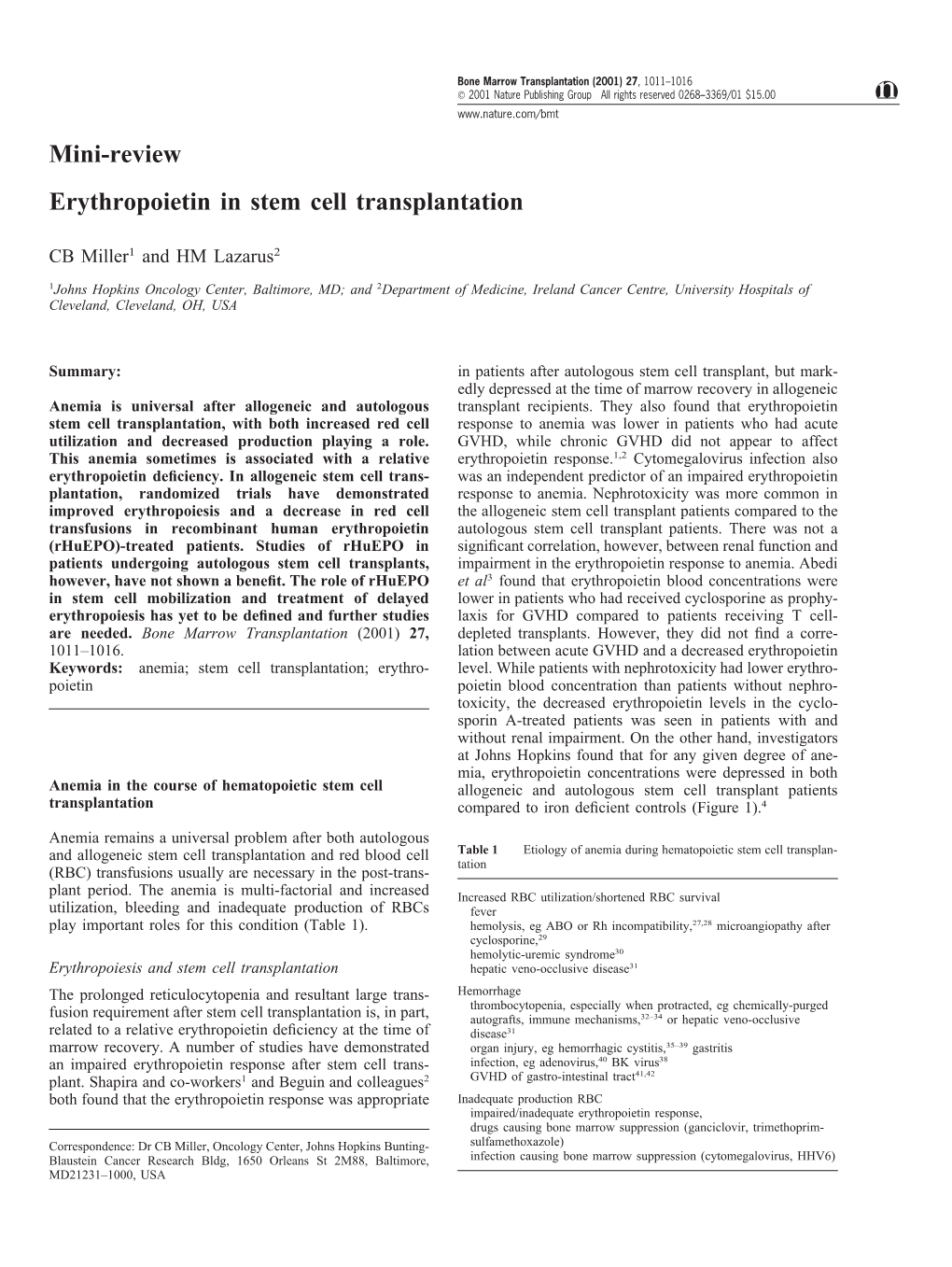 Mini-Review Erythropoietin in Stem Cell Transplantation