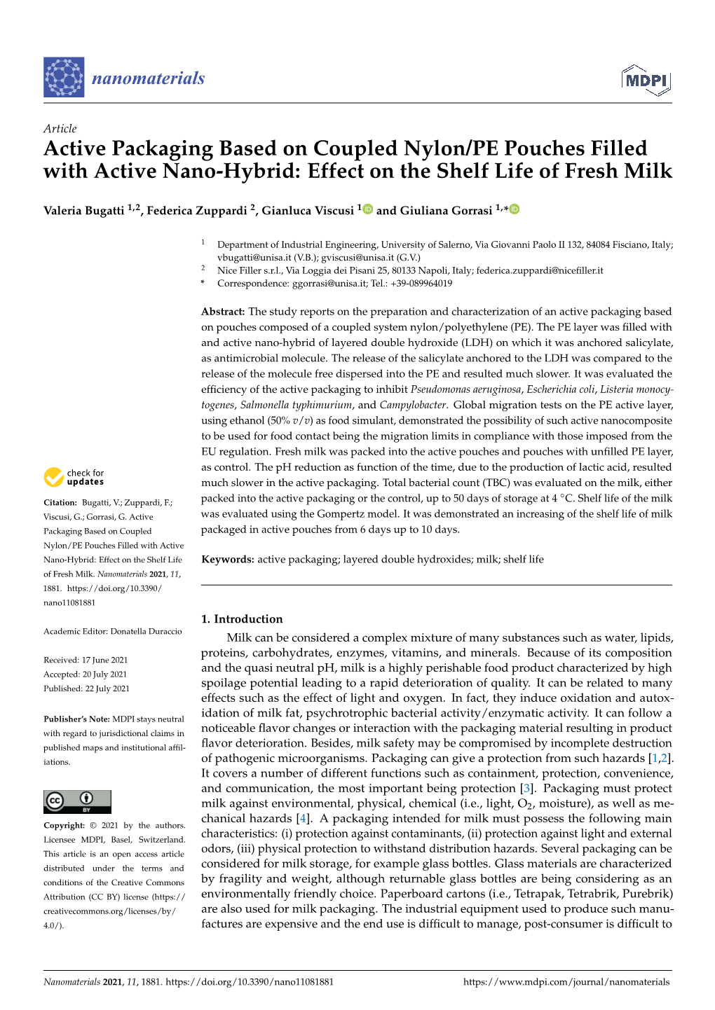 Active Packaging Based on Coupled Nylon/PE Pouches Filled with Active Nano-Hybrid: Effect on the Shelf Life of Fresh Milk