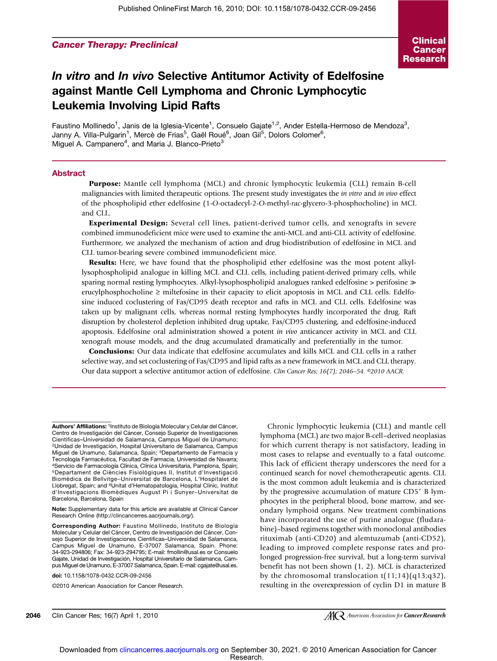 In Vitro and in Vivo Selective Antitumor Activity of Edelfosine Against Mantle Cell Lymphoma and Chronic Lymphocytic Leukemia Involving Lipid Rafts