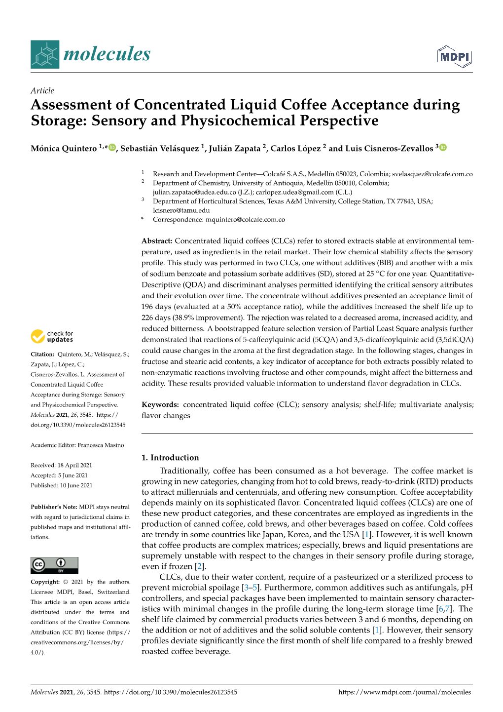 Assessment of Concentrated Liquid Coffee Acceptance During Storage: Sensory and Physicochemical Perspective