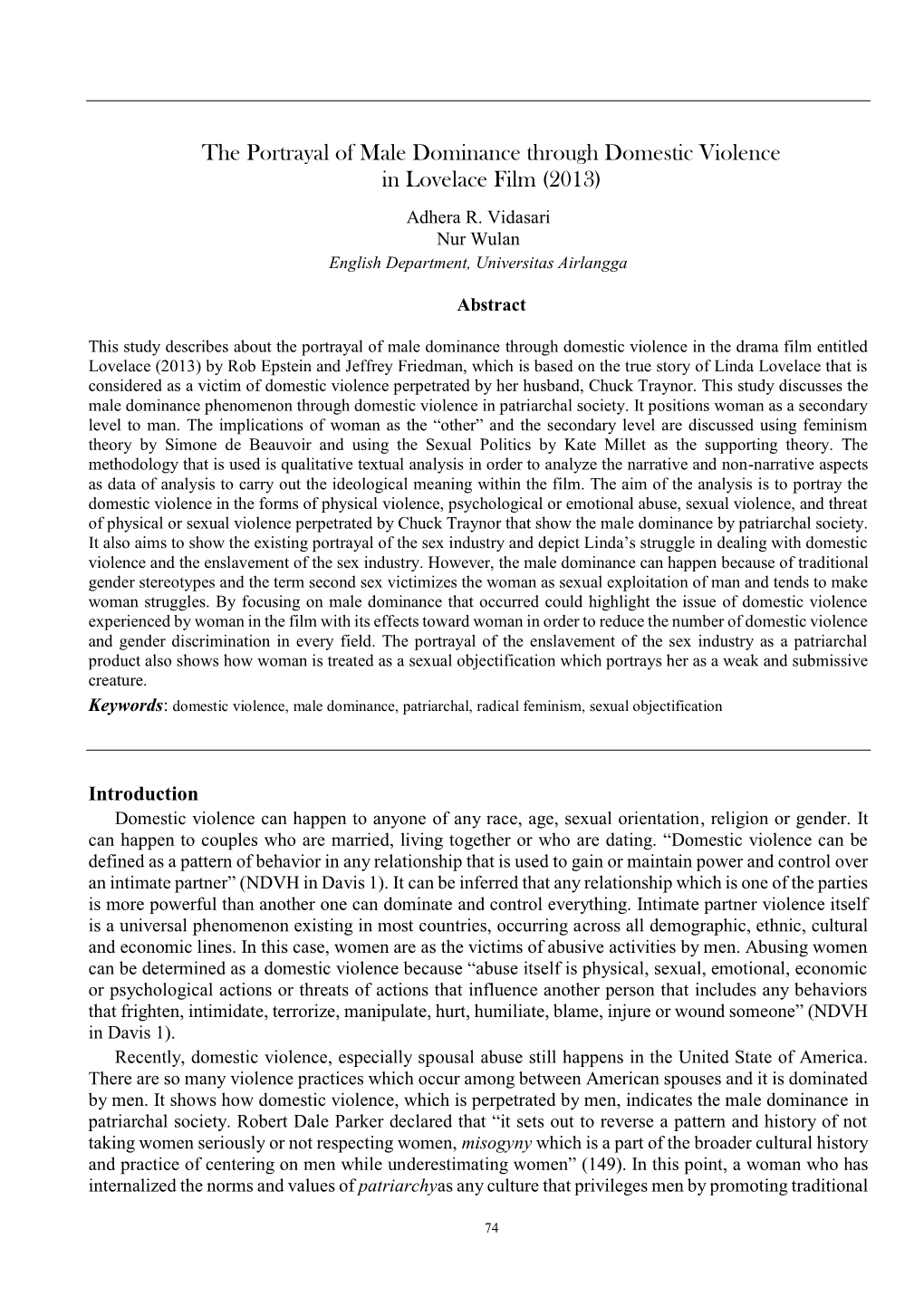 The Portrayal of Male Dominance Through Domestic Violence in Lovelace Film (2013) Adhera R