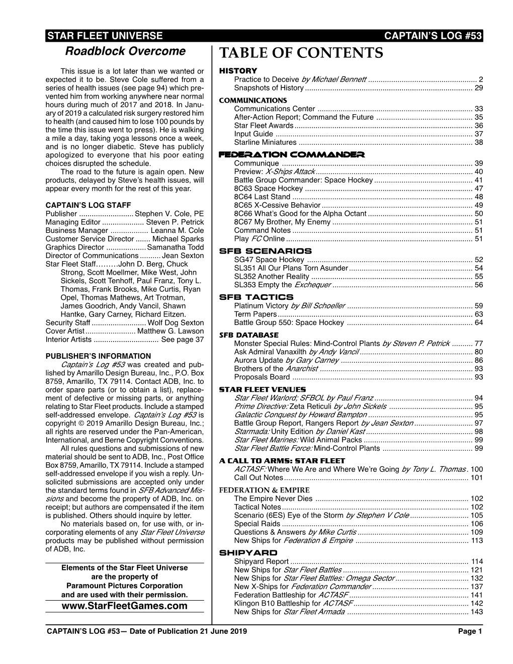 Captains Log #53 Table of Contents