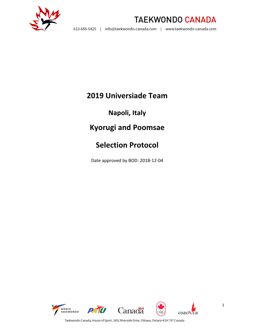 2019 Universiade Team Kyorugi and Poomsae Selection Protocol