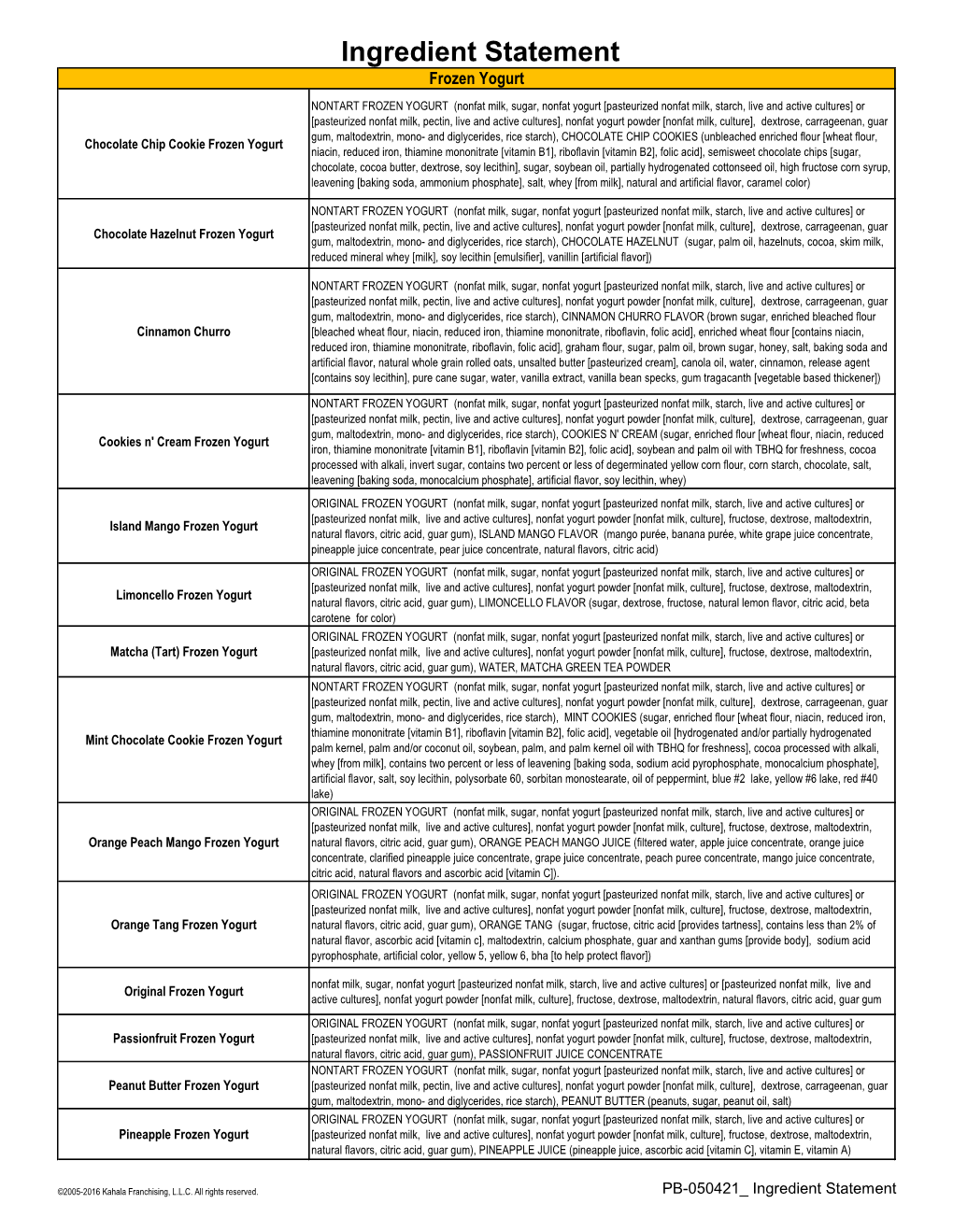 Ingredient Statement Frozen Yogurt