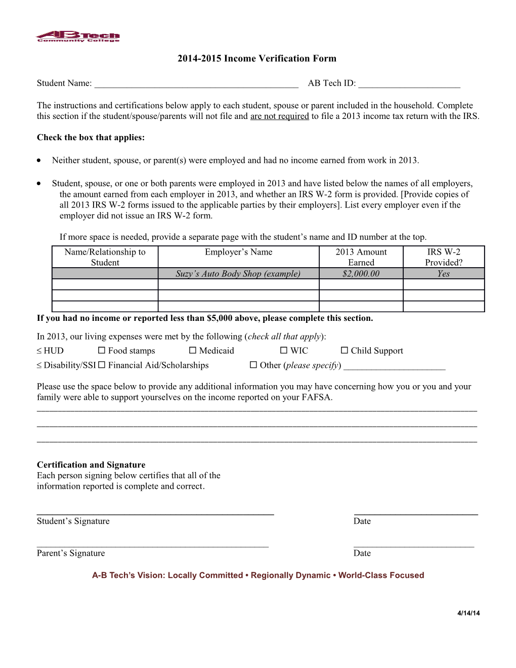 2014-2015 Income Verification Form