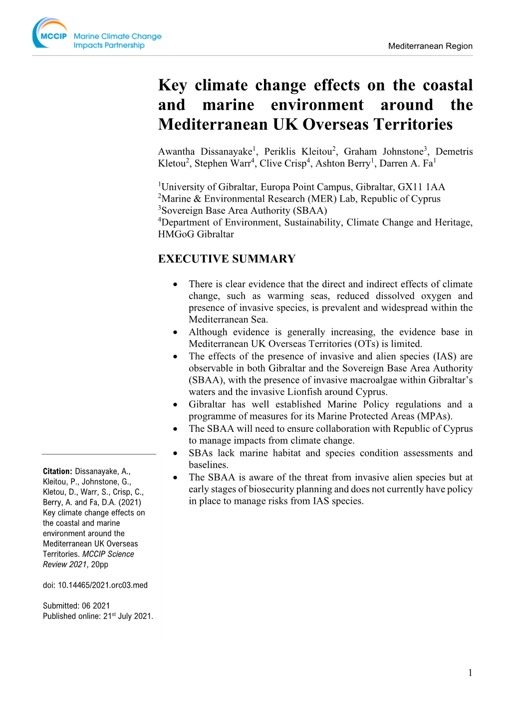 Key Climate Change Effects on the Coastal and Marine Environment Around the Mediterranean UK Overseas Territories