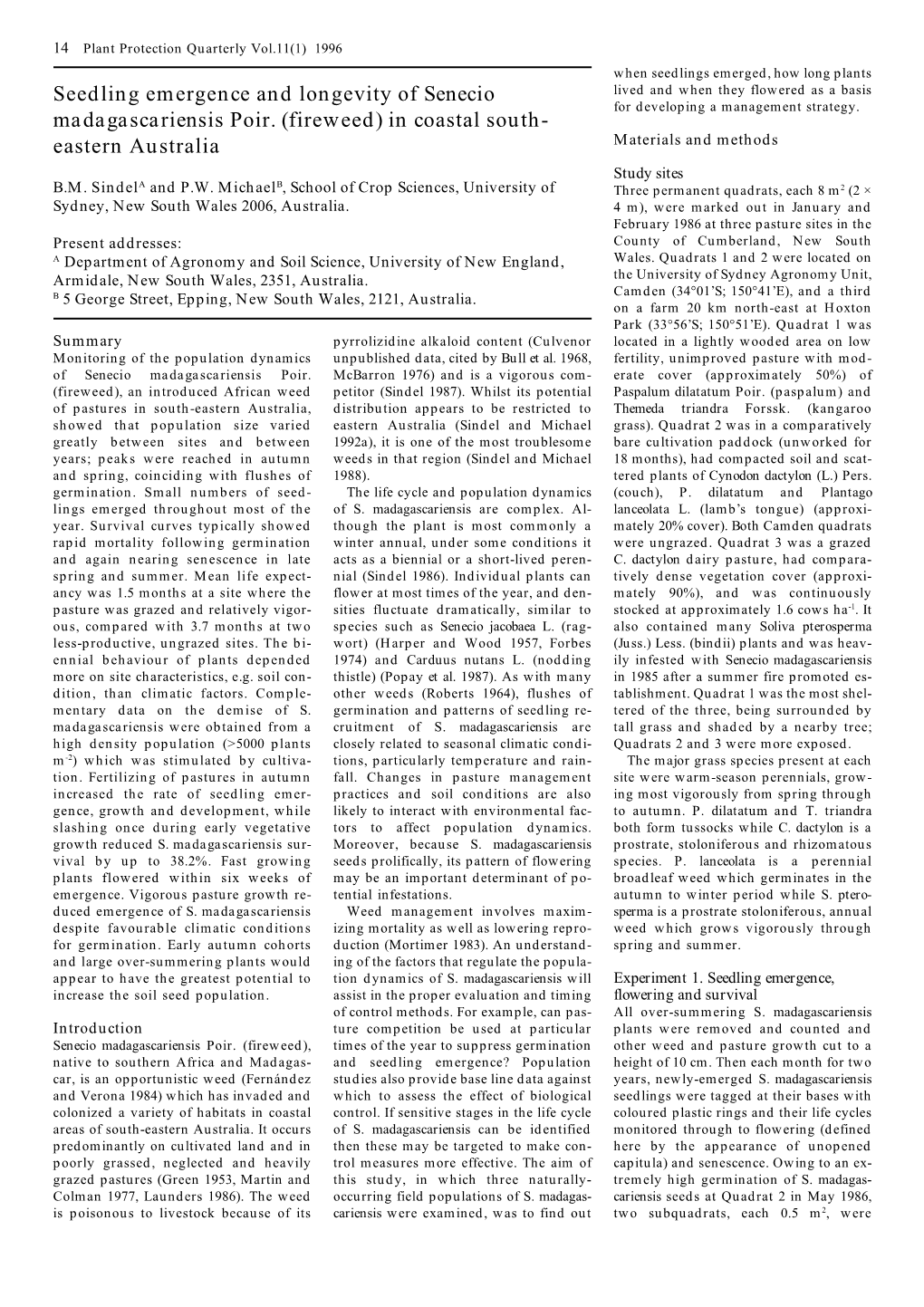 Seedling Emergence and Longevity of Senecio Madagascariensis Poir