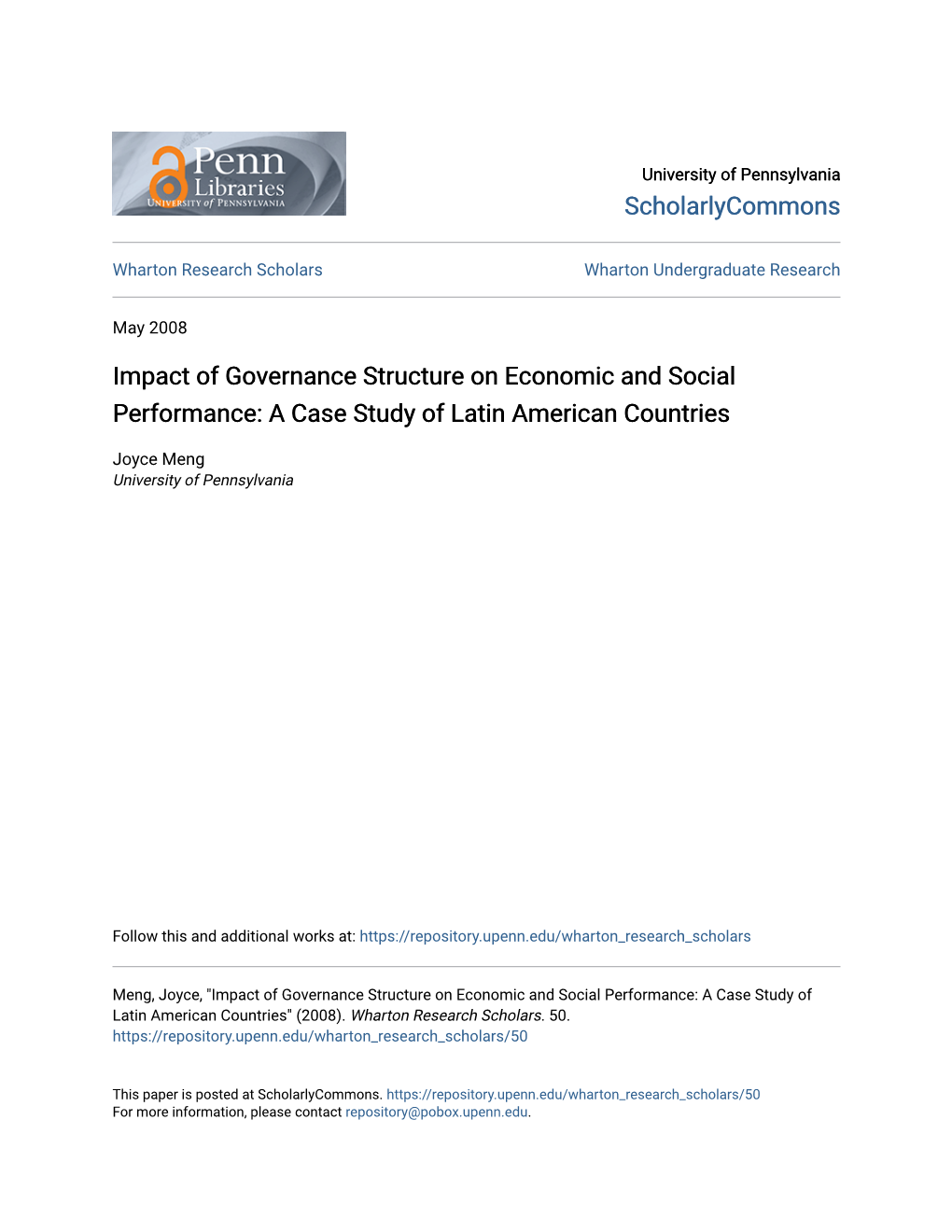 Impact of Governance Structure on Economic and Social Performance: a Case Study of Latin American Countries