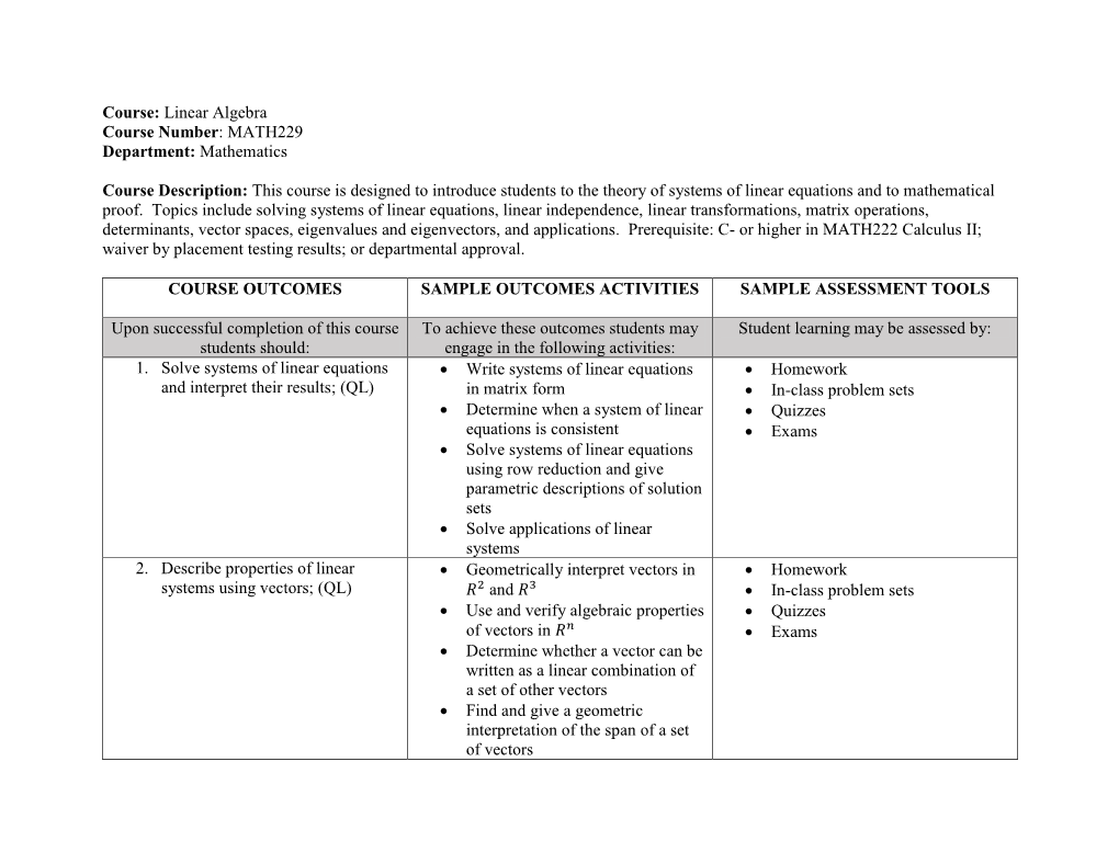 Course: Linear Algebra Course Number: MATH229 Department: Mathematics