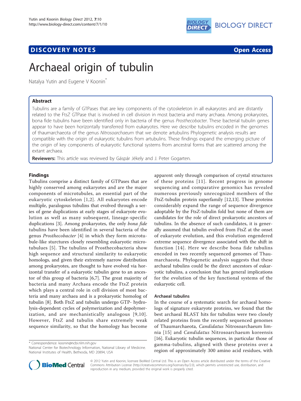 Archaeal Origin of Tubulin Natalya Yutin and Eugene V Koonin*