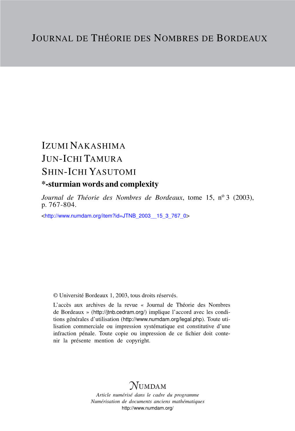 *-Sturmian Words and Complexity Journal De Théorie Des Nombres De Bordeaux, Tome 15, No 3 (2003), P