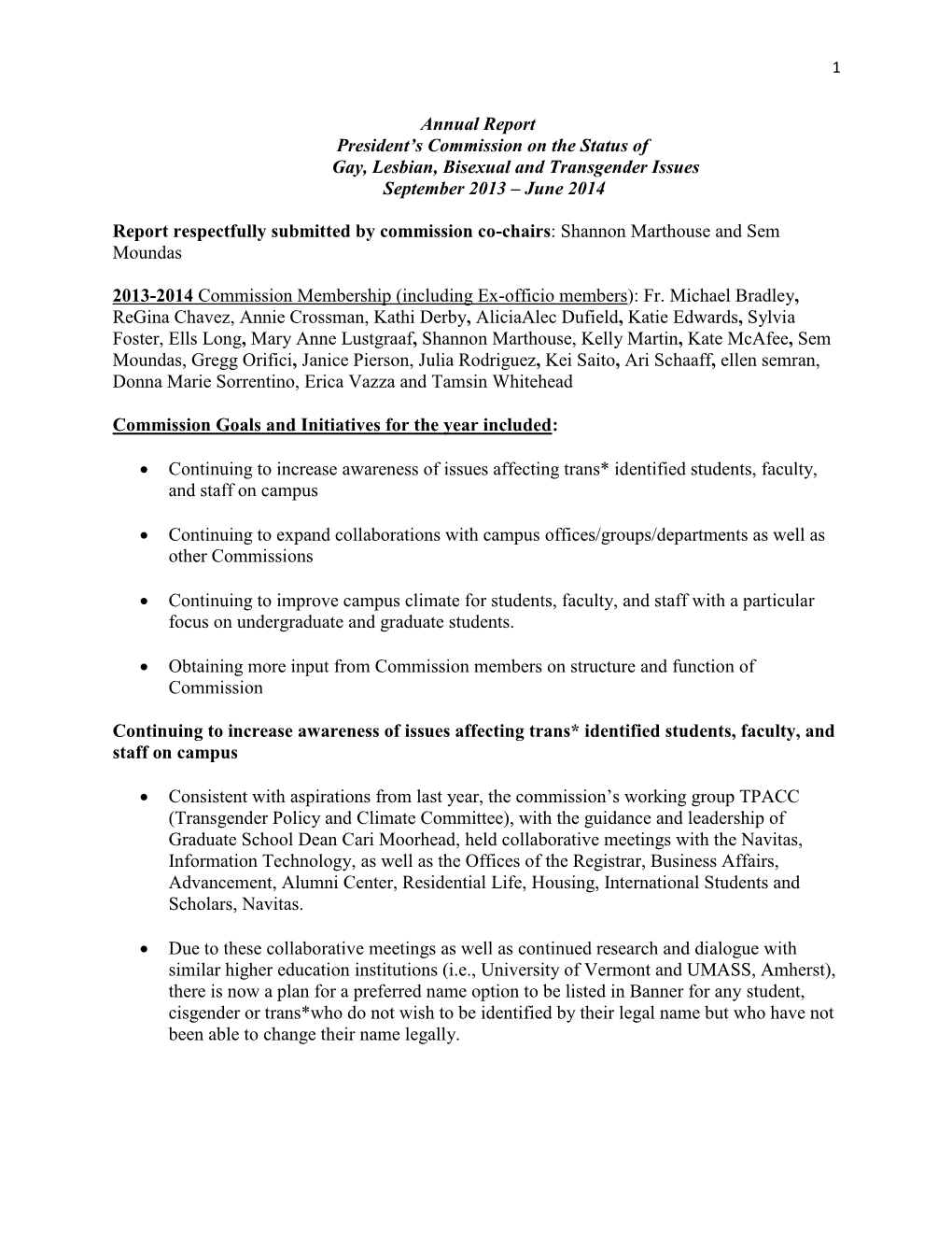 Annual Report President's Commission on the Status of Gay, Lesbian, Bisexual and Transgender Issues September 2013 – June 2