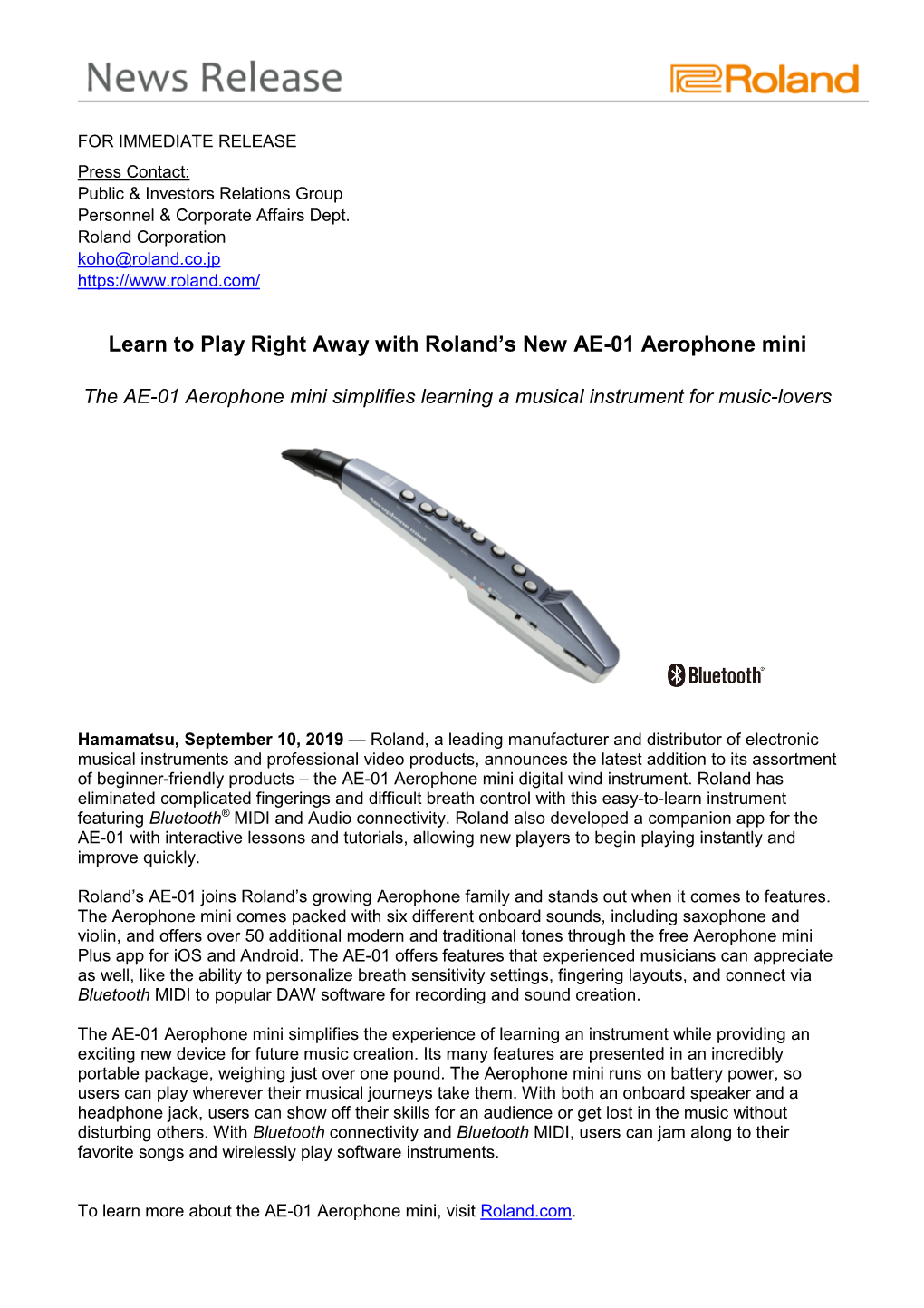 Learn to Play Right Away with Roland's New AE-01 Aerophone Mini