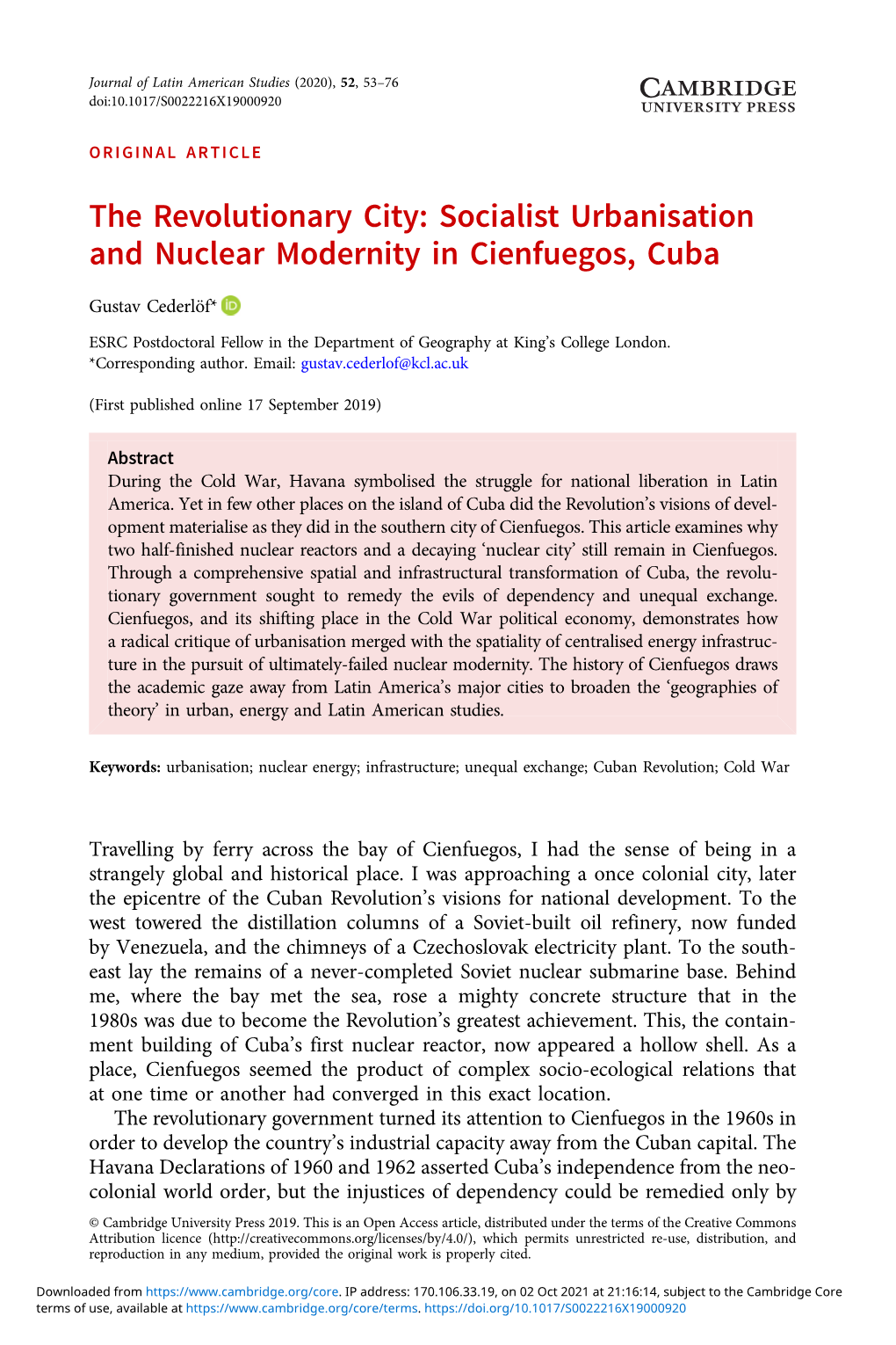 Socialist Urbanisation and Nuclear Modernity in Cienfuegos, Cuba