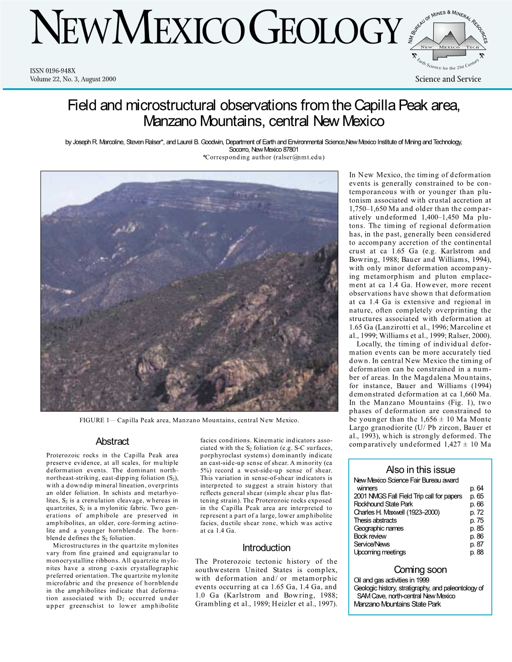 Field and Microstructural Observations from the Capilla Peak Area, Manzano Mountains, Central New Mexico