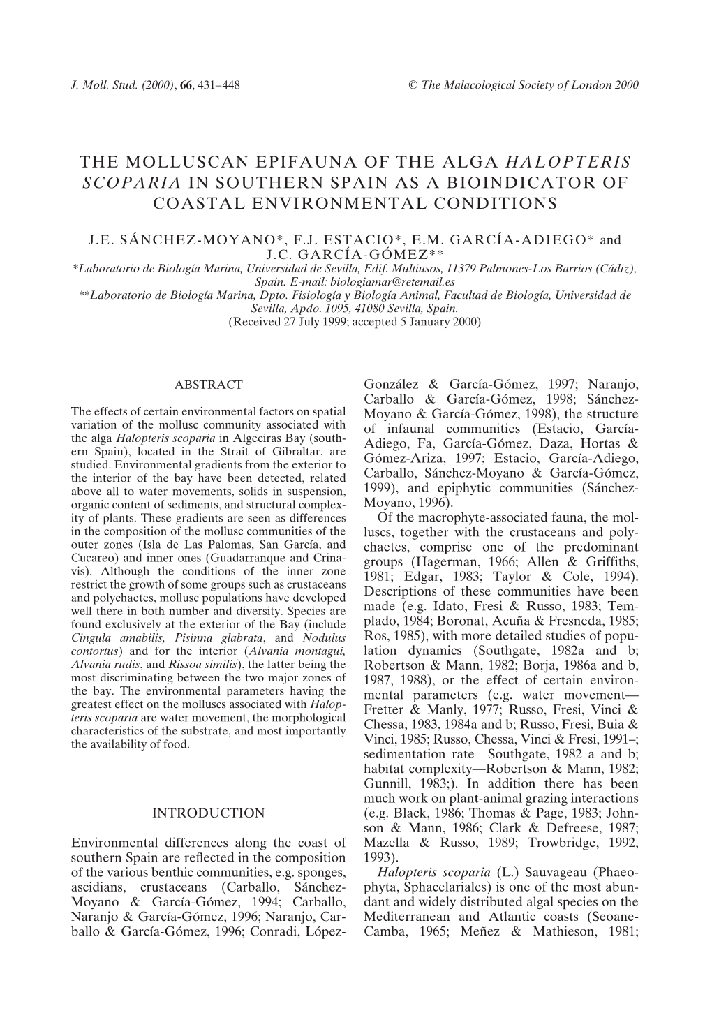 The Molluscan Epifauna of the Alga Halopteris Scoparia in Southern Spain As a Bioindicator of Coastal Environmental Conditions