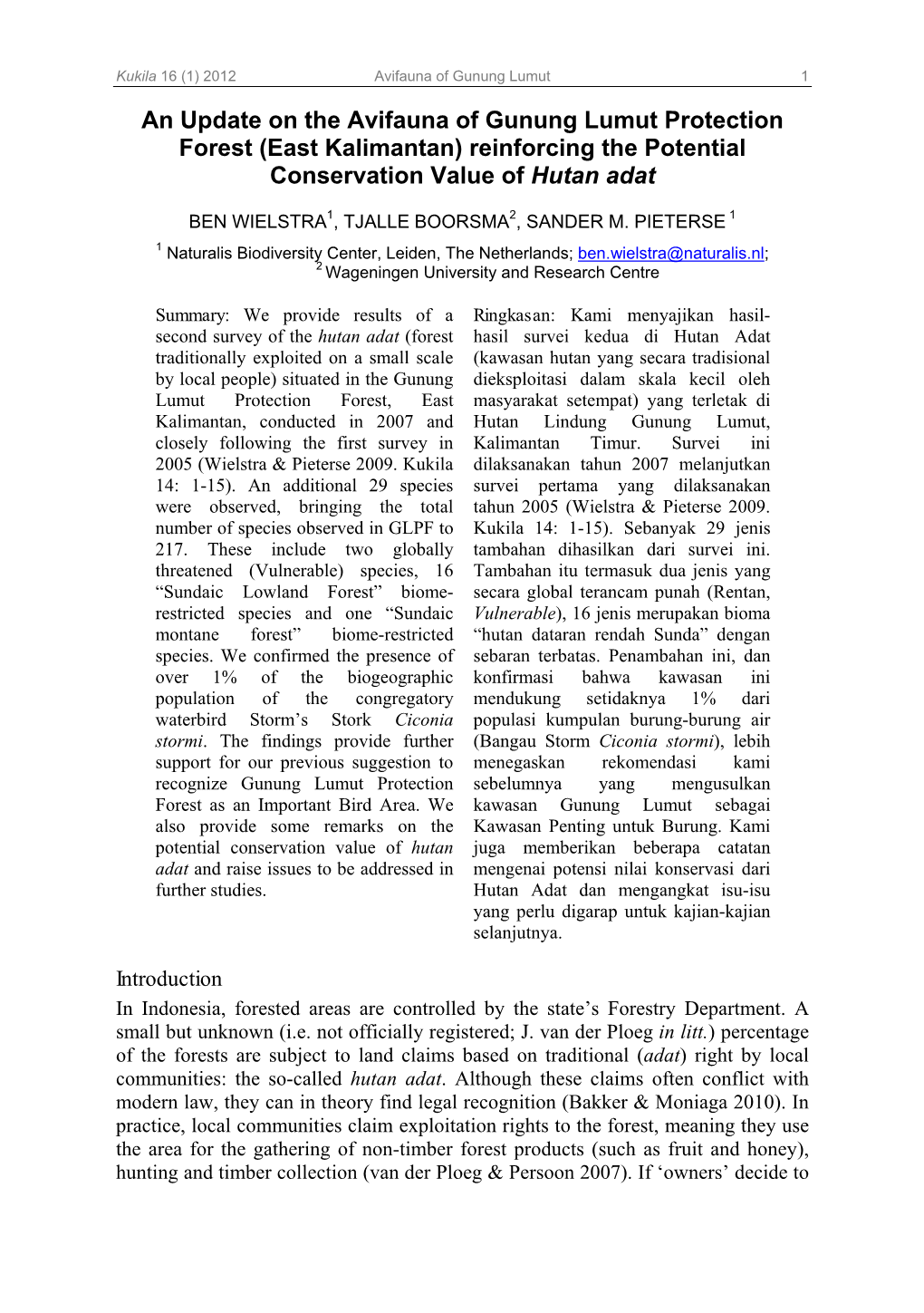 An Update on the Avifauna of Gunung Lumut Protection Forest (East Kalimantan) Reinforcing the Potential Conservation Value of Hutan Adat