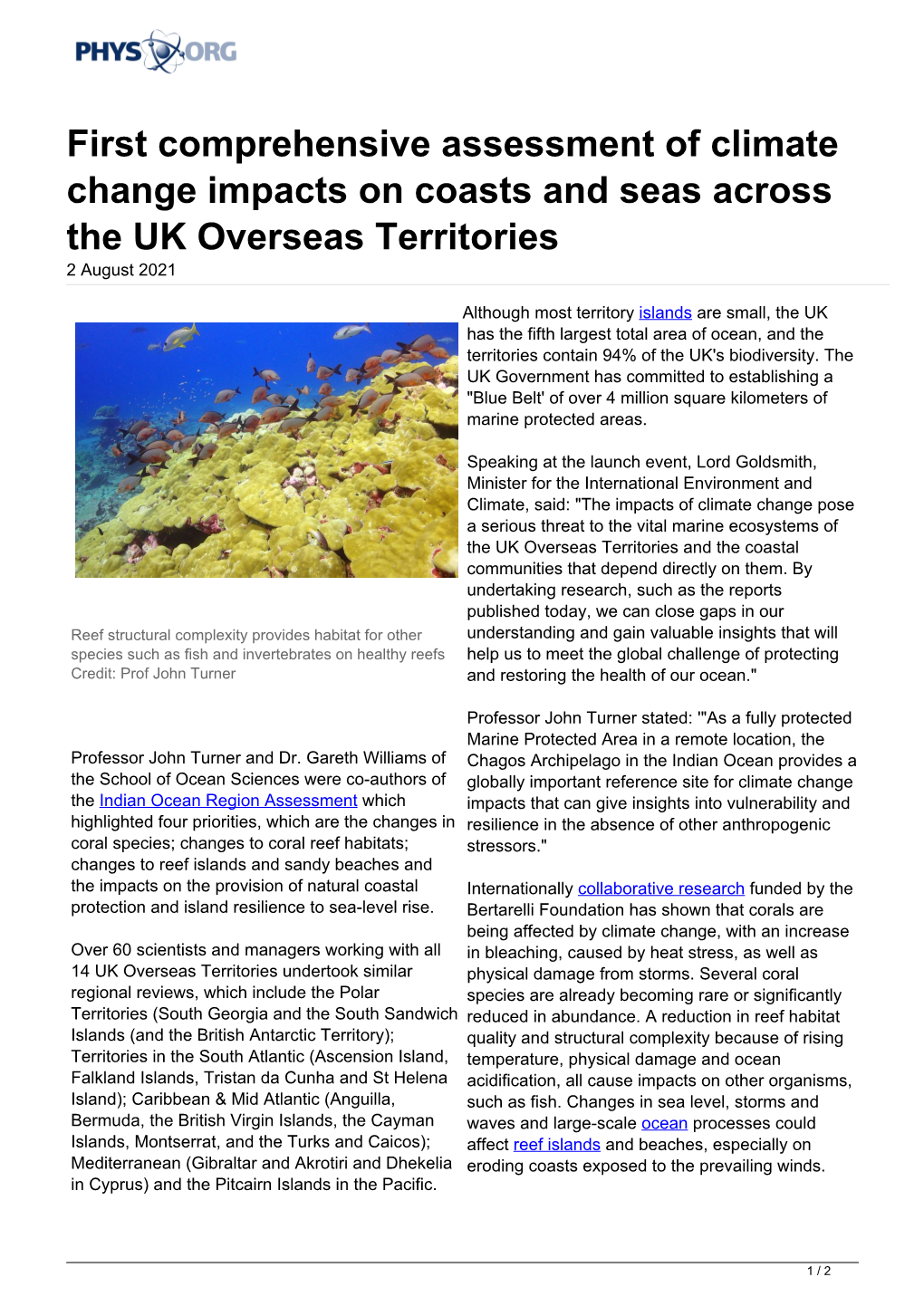 First Comprehensive Assessment of Climate Change Impacts on Coasts and Seas Across the UK Overseas Territories 2 August 2021