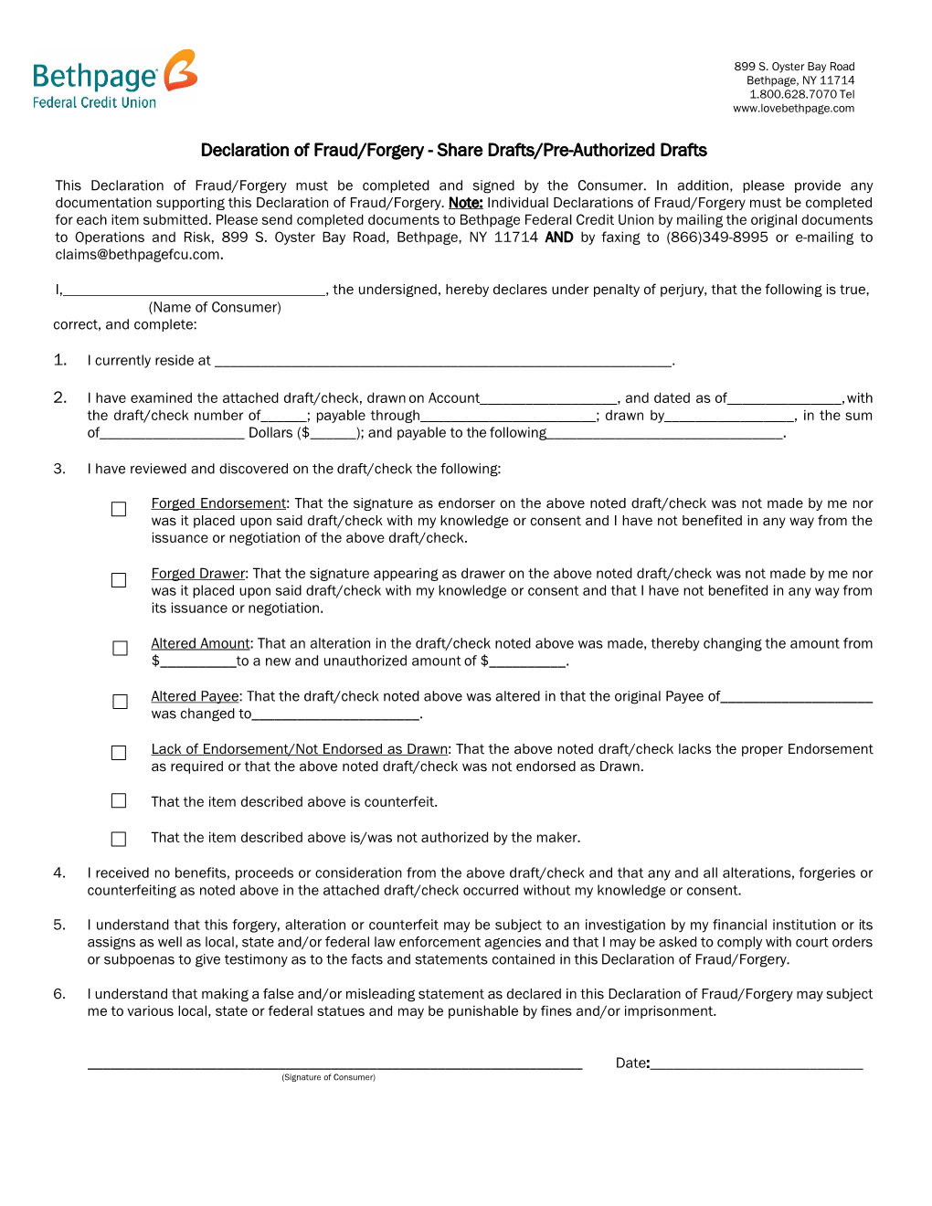 Consumer Affidavit of Fraud- Forgery- Sharedrafts