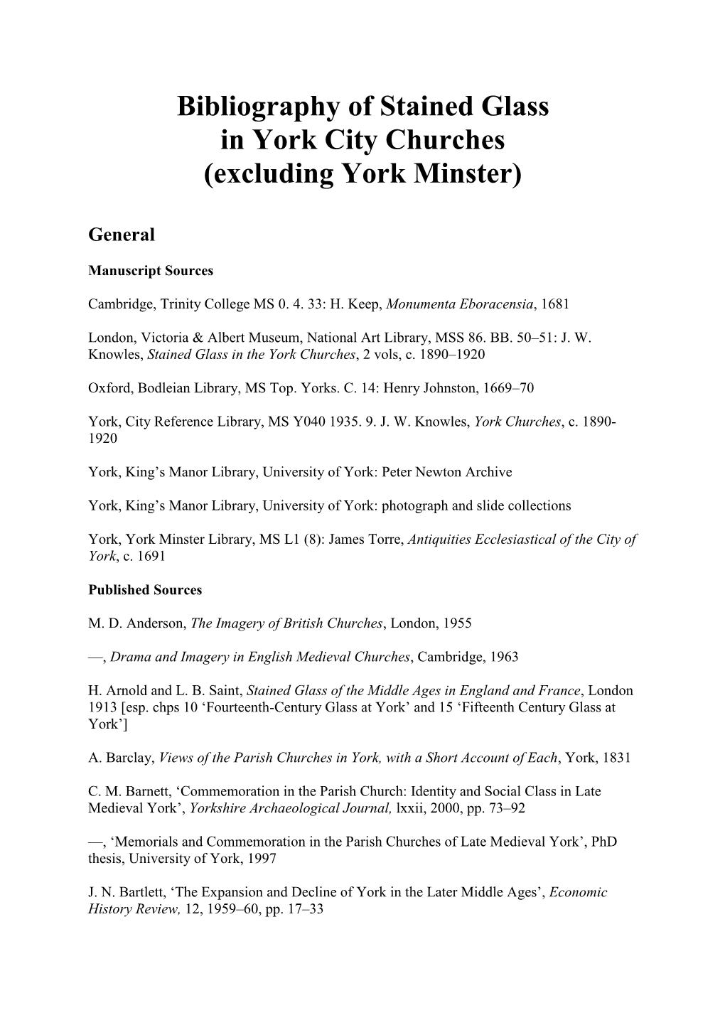 Bibliography of Stained Glass in York City Churches (Excluding York Minster)