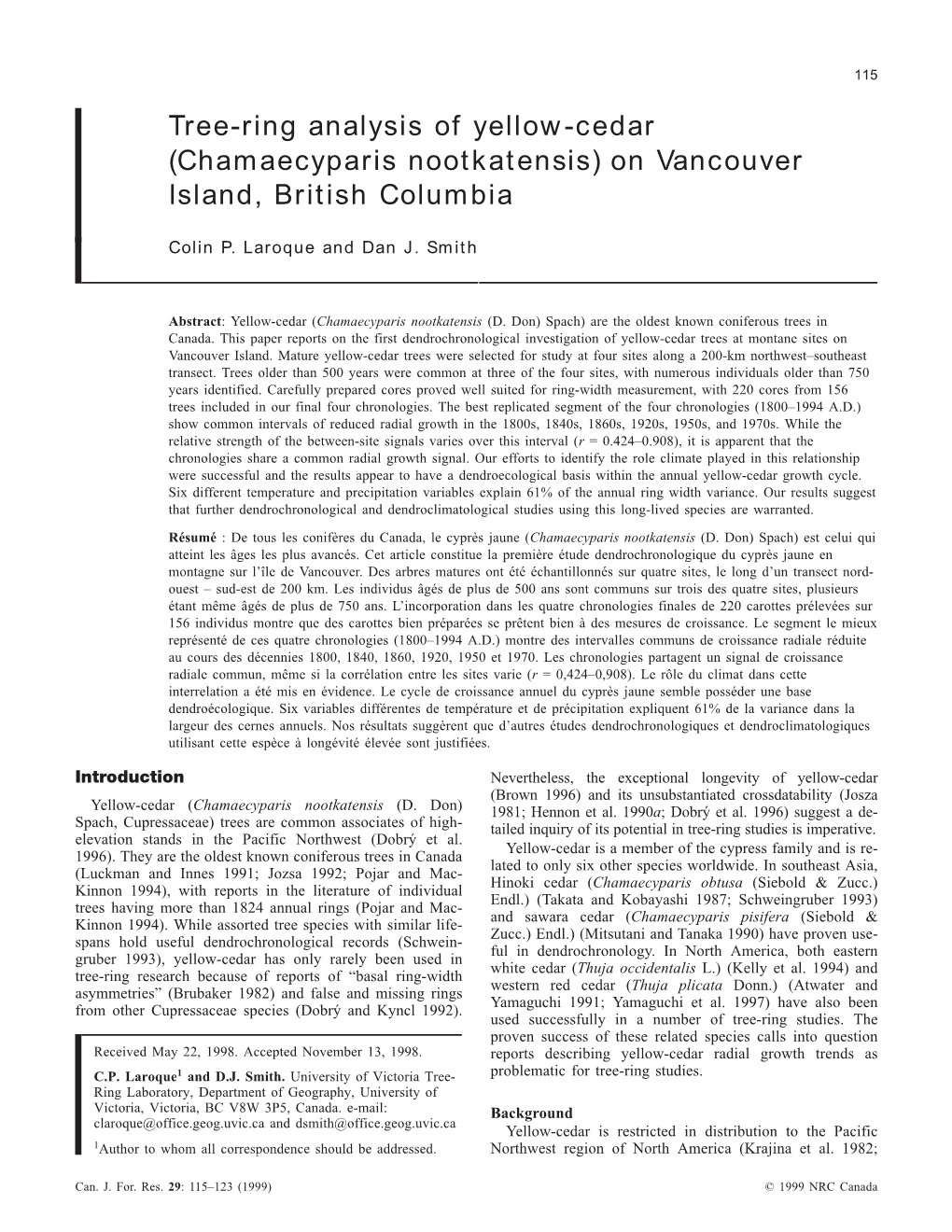 Tree-Ring Analysis of Yellow-Cedar (Chamaecyparis Nootkatensis) on Vancouver Island, British Columbia