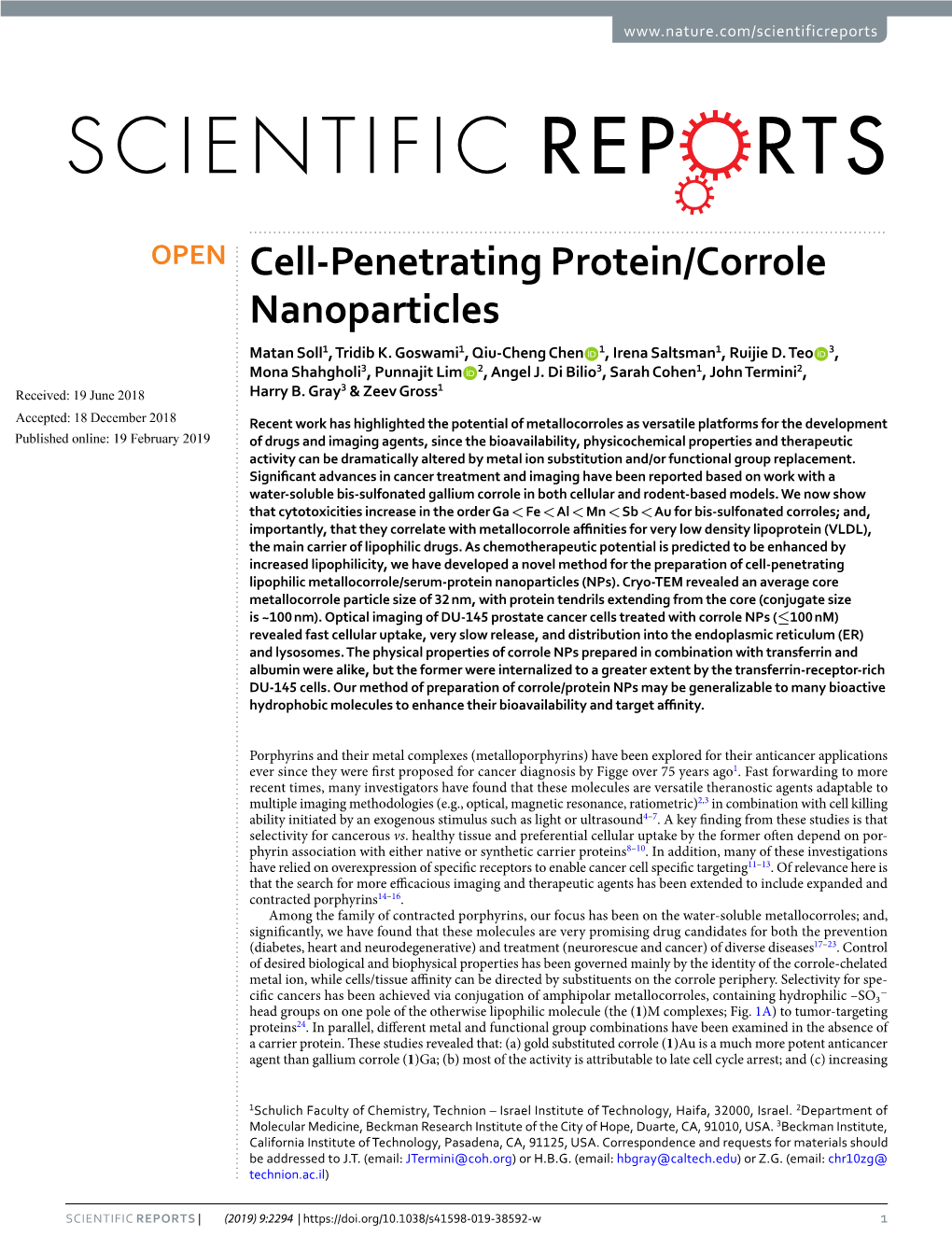 Cell-Penetrating Protein/Corrole Nanoparticles Matan Soll1, Tridib K