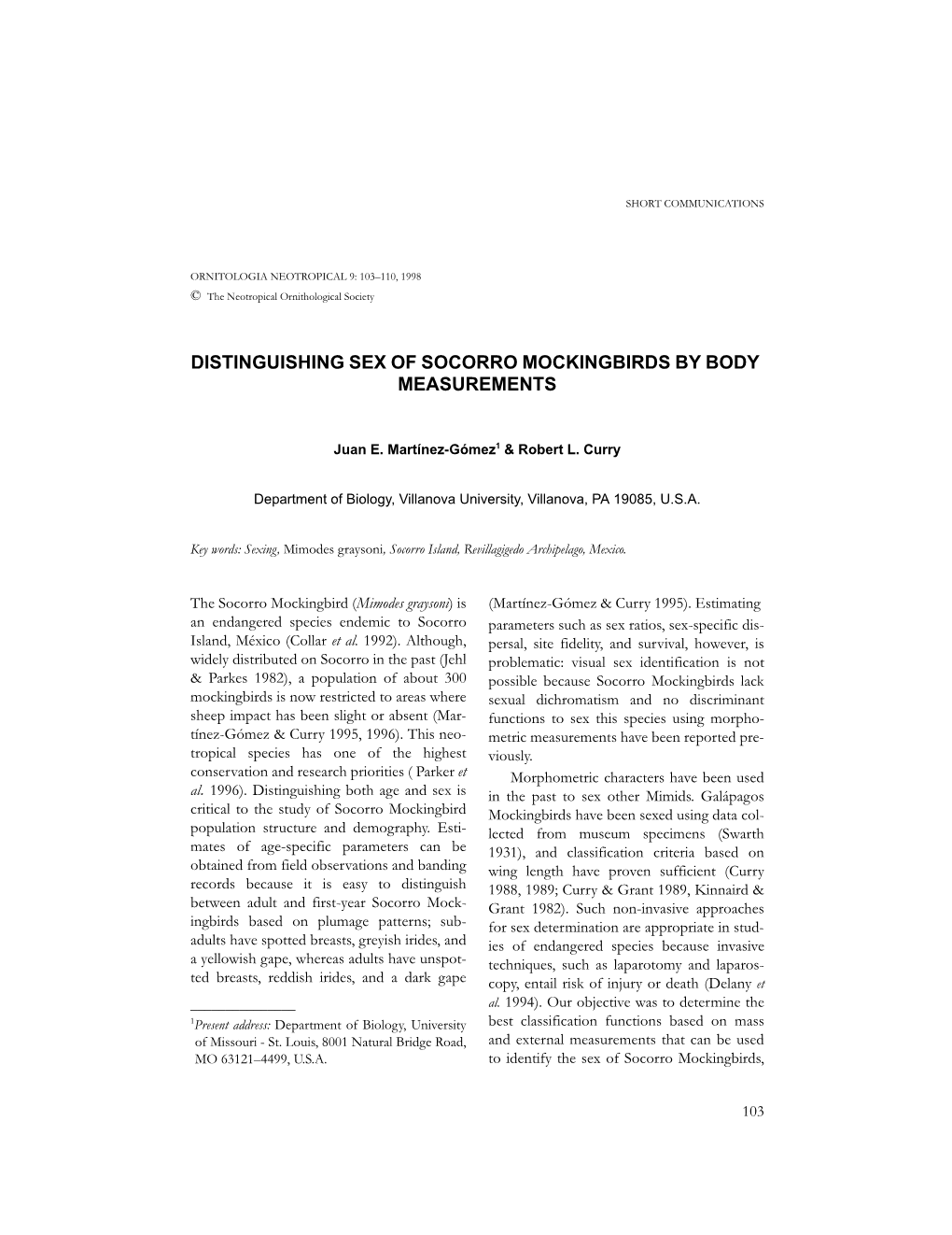 Distinguishing Sex of Socorro Mockingbirds by Body Measurements