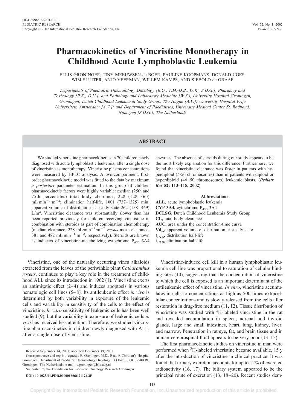 Pharmacokinetics of Vincristine Monotherapy in Childhood Acute Lymphoblastic Leukemia