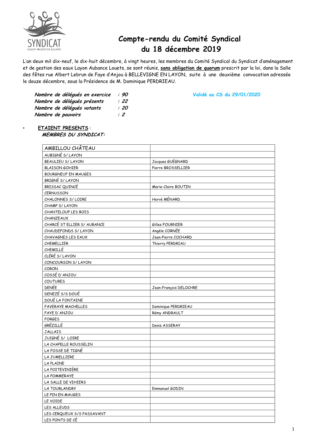 Compte-Rendu Du Comité Syndical Du 18 Décembre 2019