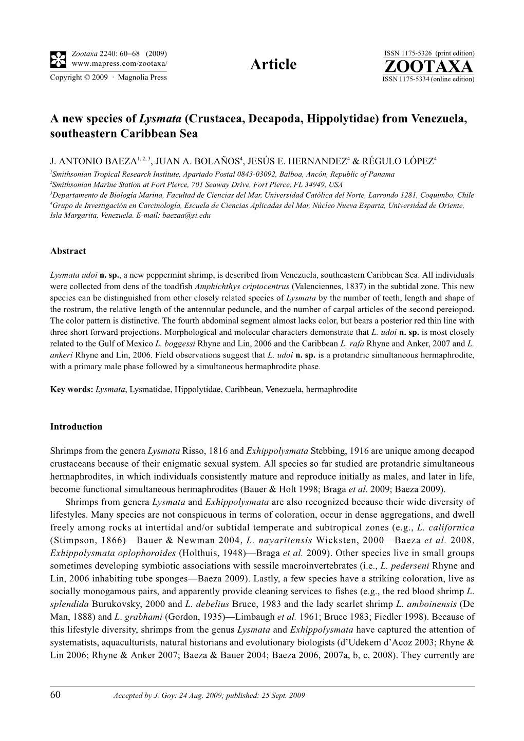 Zootaxa, a New Species of Lysmata (Crustacea, Decapoda, Hippolytidae)