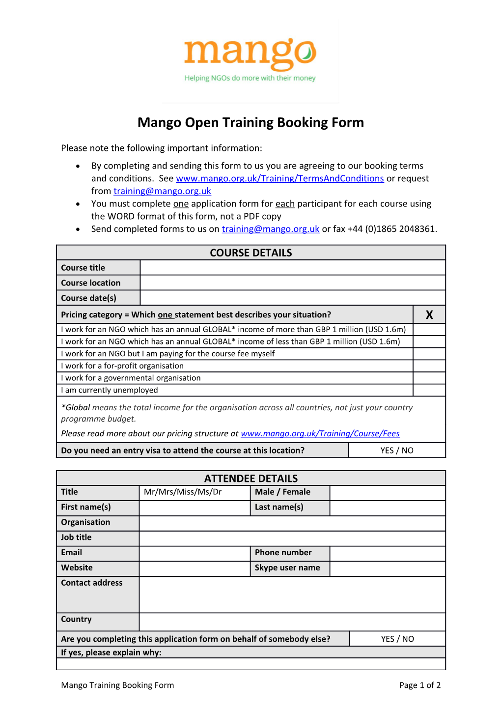 Mango Open Training Booking Form