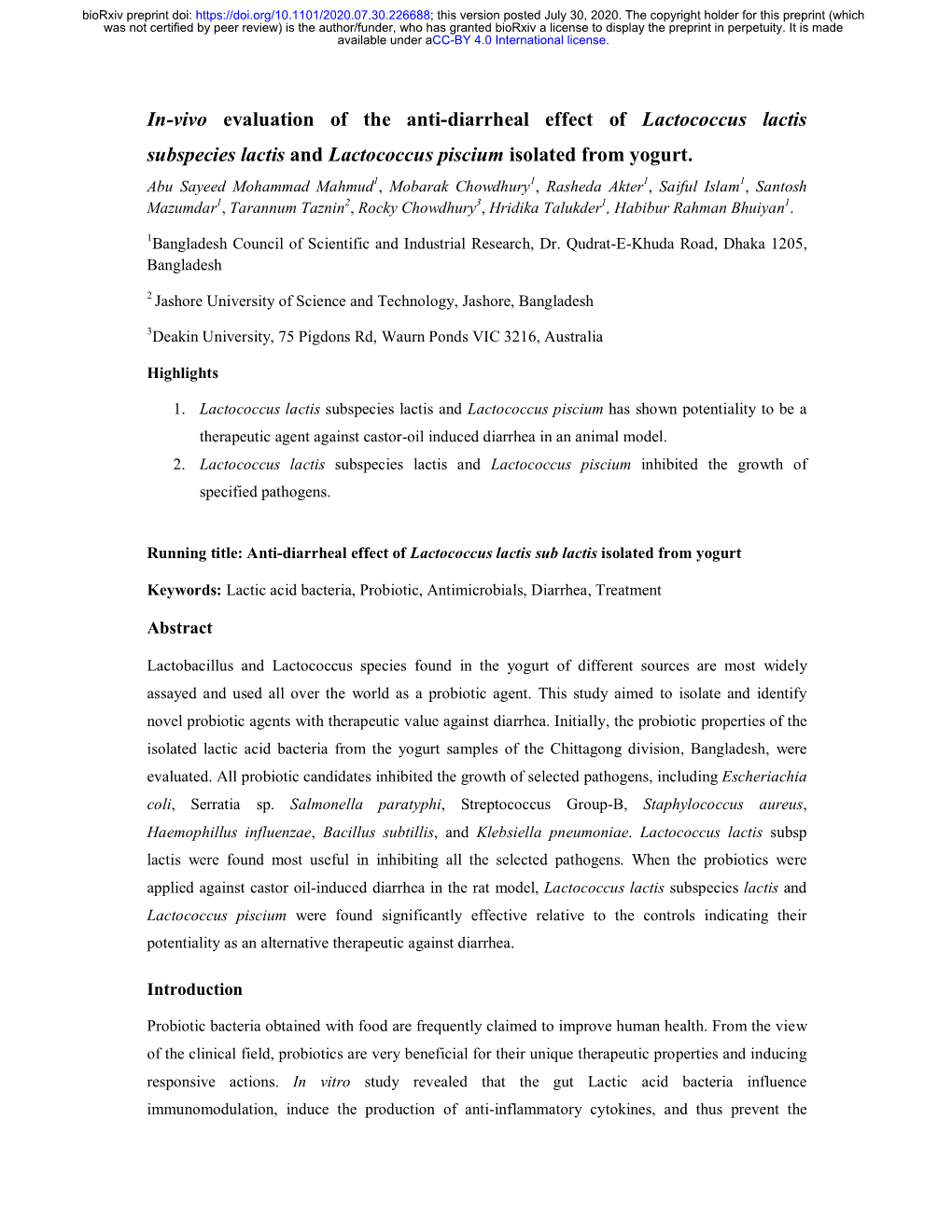 In-Vivo Evaluation of the Anti-Diarrheal Effect of Lactococcus Lactis Subspecies Lactis and Lactococcus Piscium Isolated from Yogurt