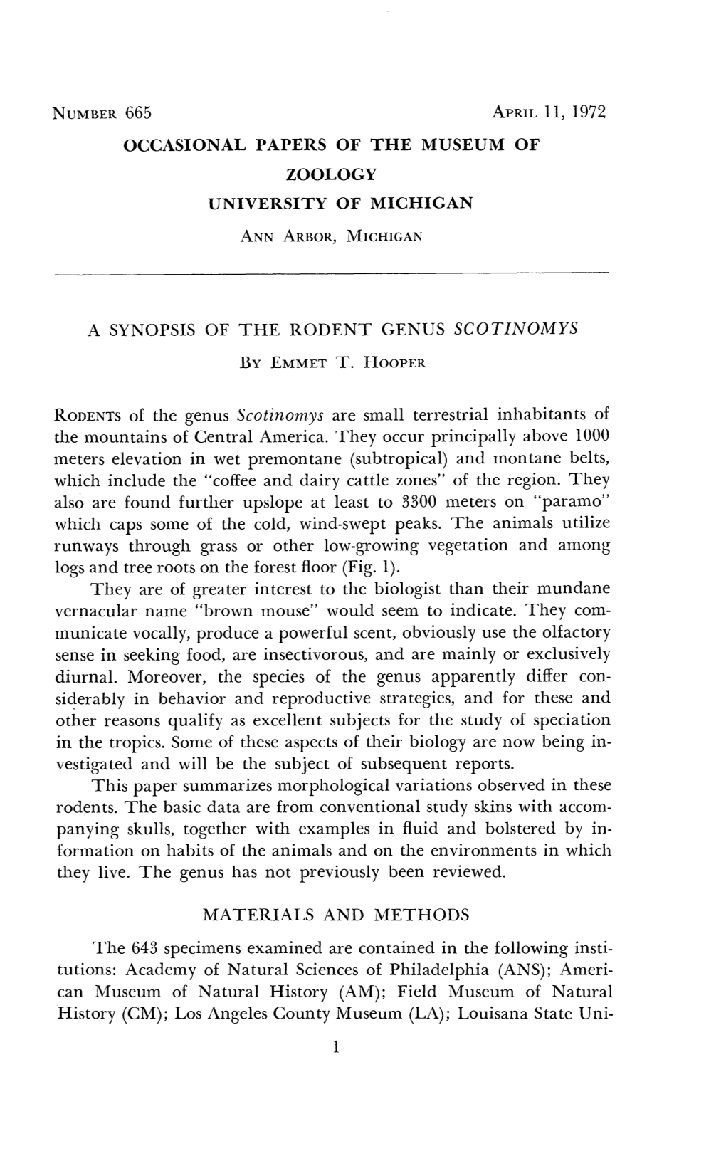 Synopsis of the Rodent Genus Scotinomys