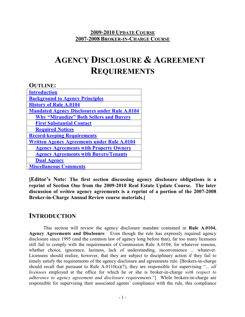 Agency Disclosure & Agreement Requirements