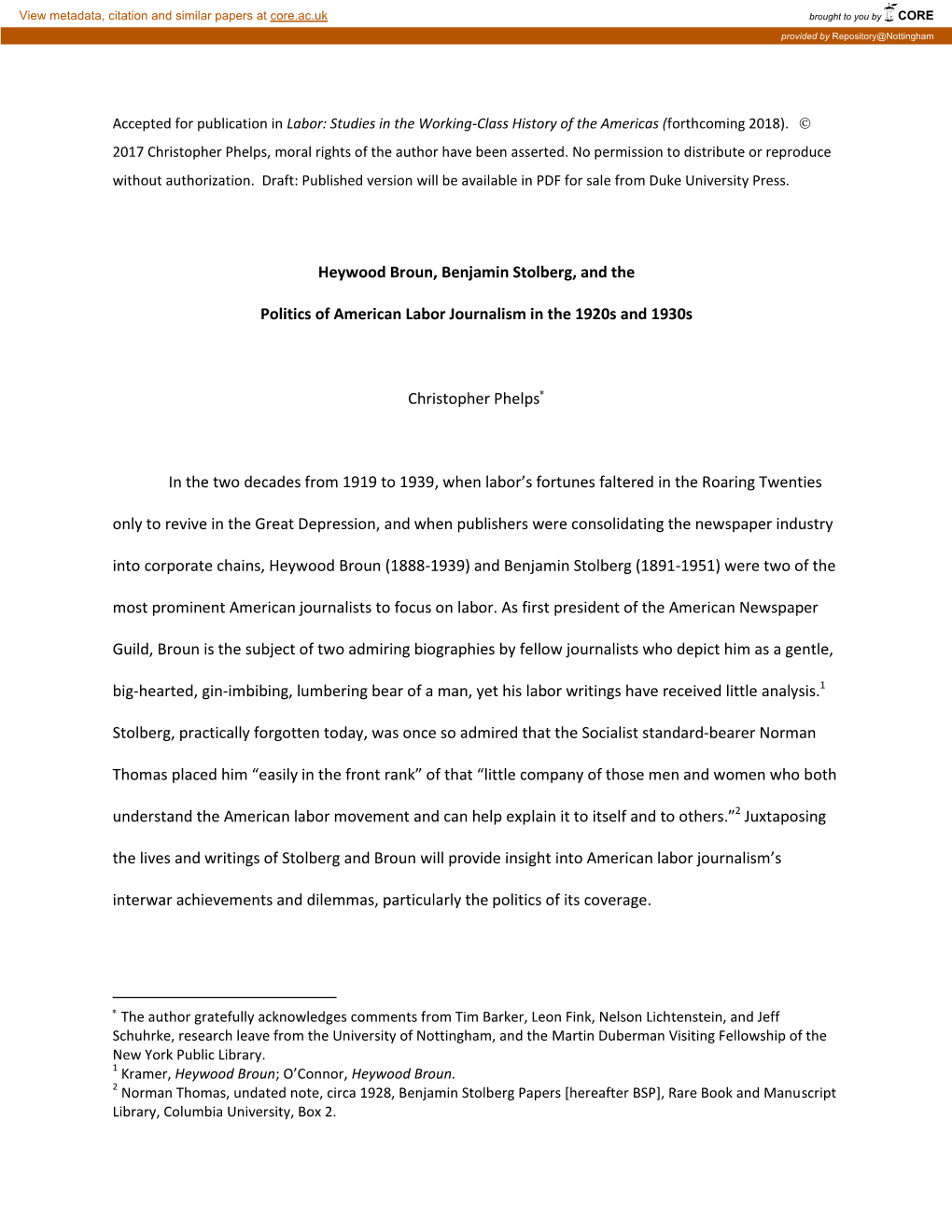 Heywood Broun, Benjamin Stolberg, and the Politics of American Labor Journalism in the 1920S and 1930S Christopher Phelps in Th