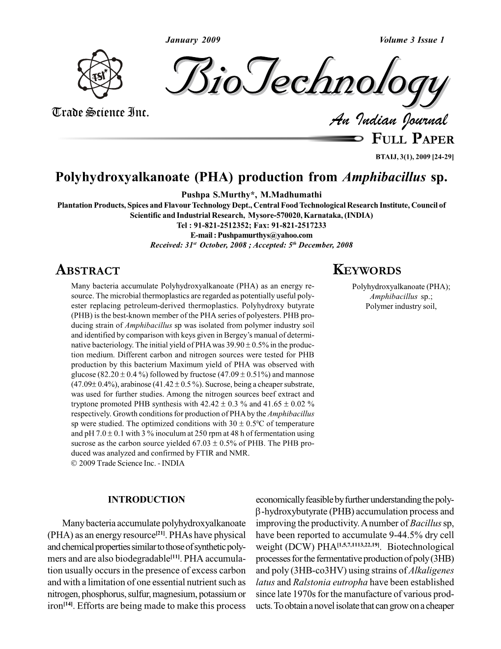 (PHA) Production from Amphibacillus Sp