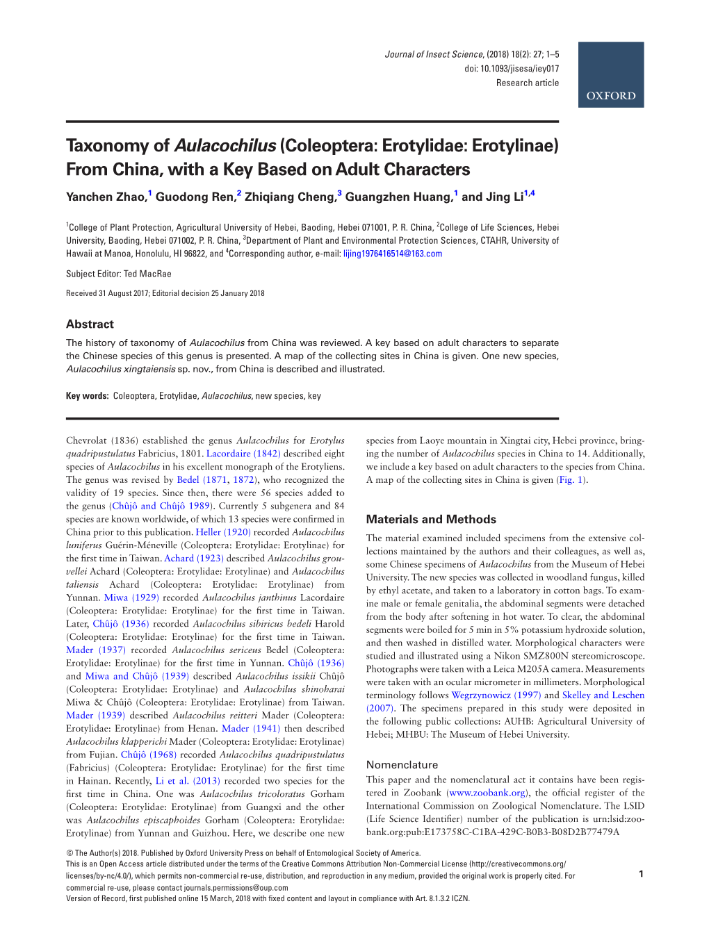 Coleoptera: Erotylidae: Erotylinae) from China, with a Key Based on Adult Characters