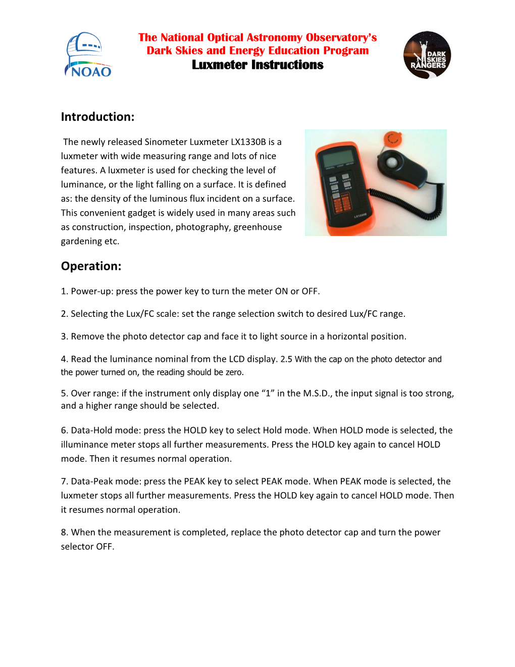 Luxmeter Instructions Introduction: Operation