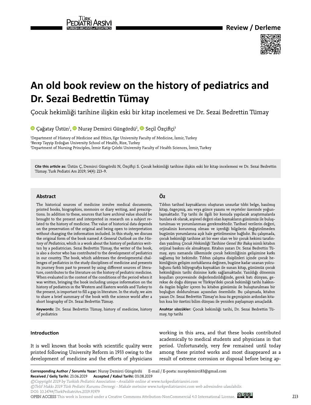 An Old Book Review on the History of Pediatrics and Dr. Sezai Bedrettin Tümay Çocuk Hekimliği Tarihine Ilişkin Eski Bir Kitap Incelemesi Ve Dr