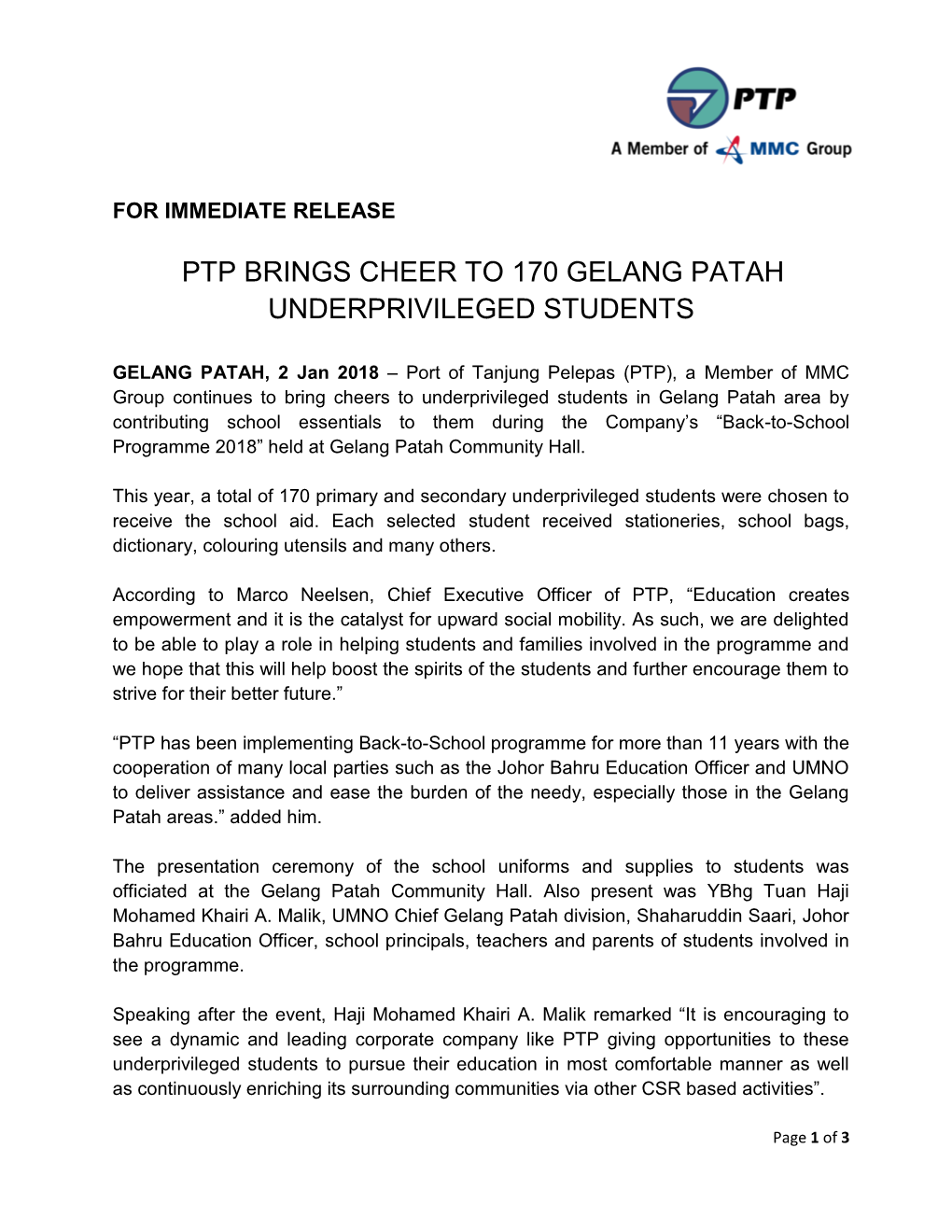 Ptp Brings Cheer to 170 Gelang Patah Underprivileged Students