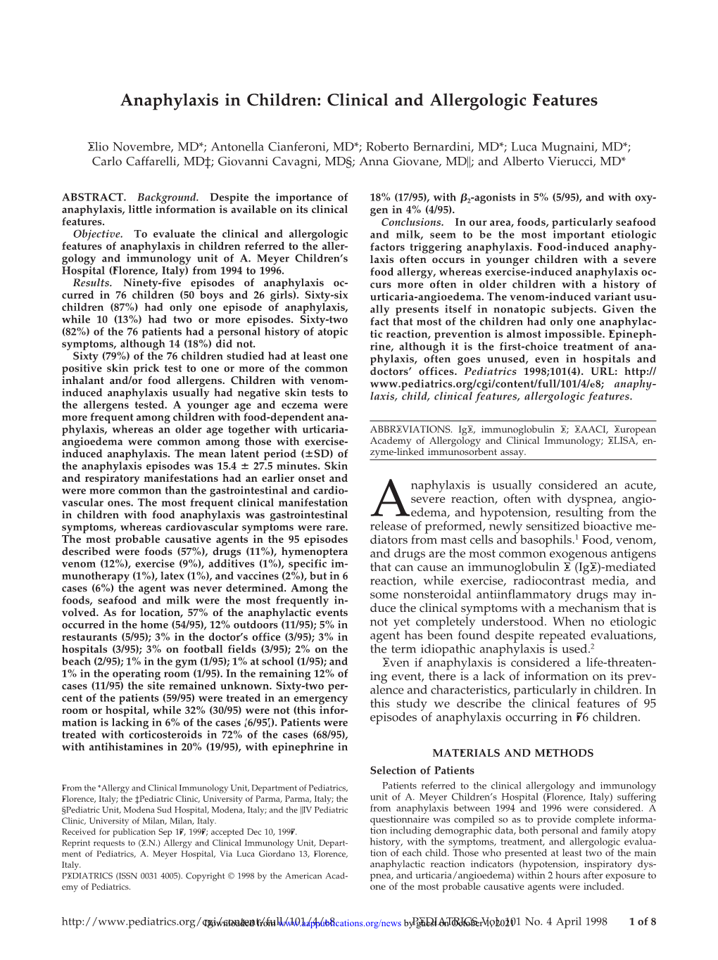 Anaphylaxis in Children: Clinical and Allergologic Features